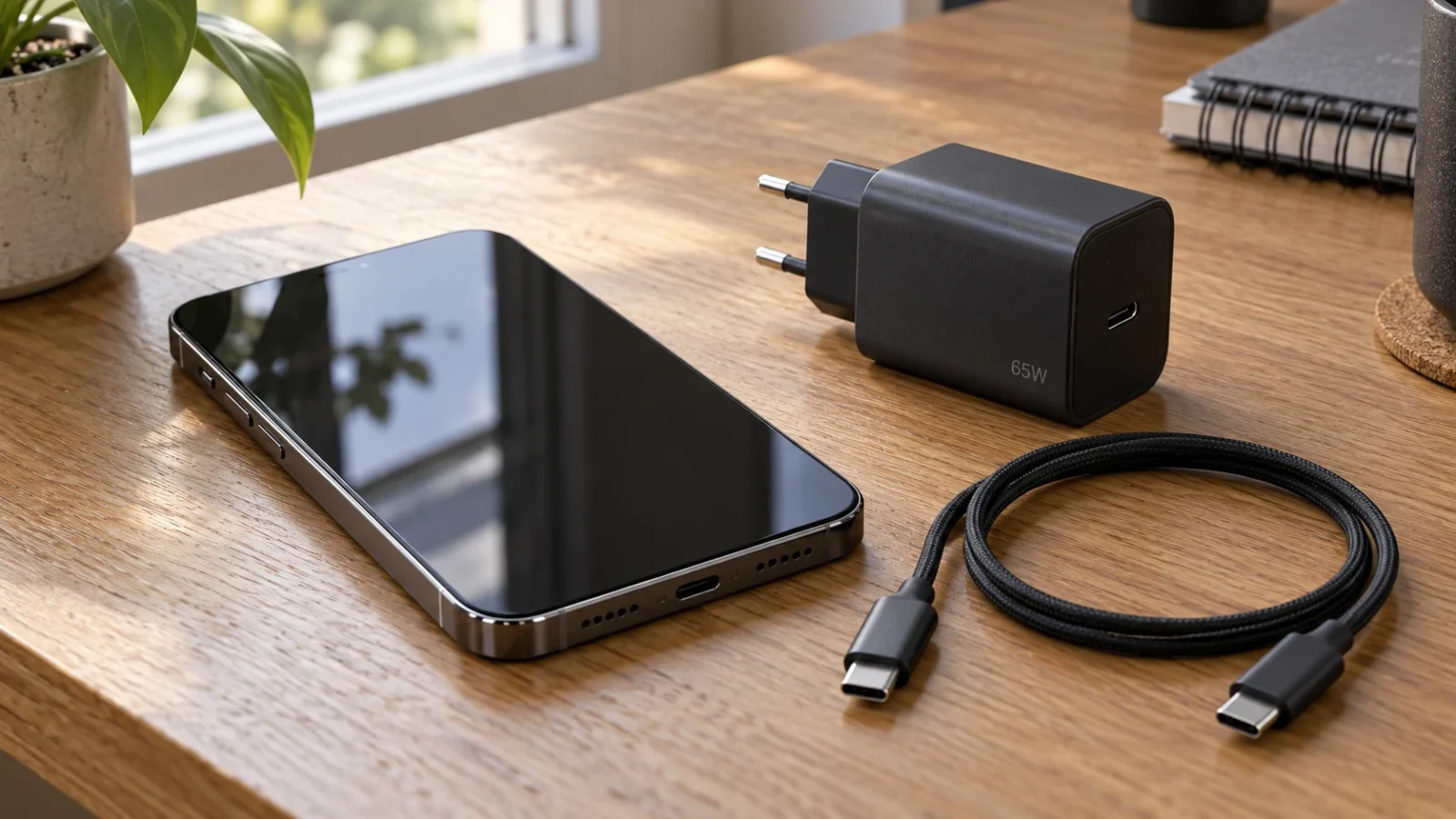 Celular, carregador USB-C de 65 W e cabo sobre uma mesa de madeira