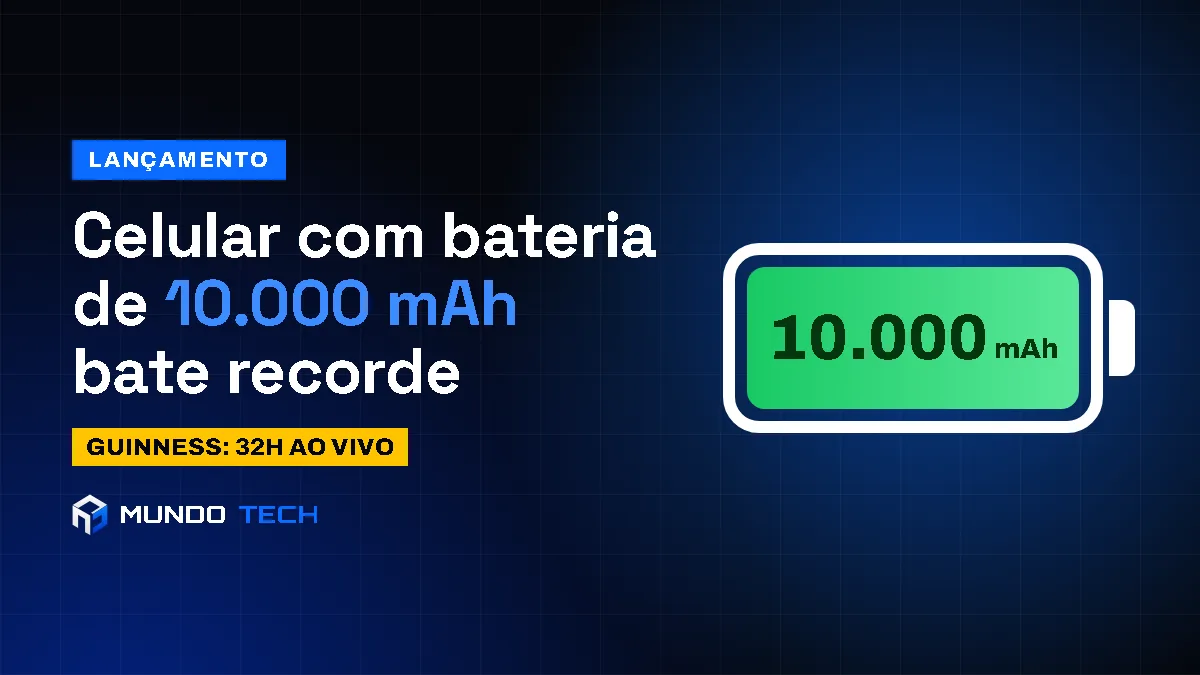 Arte do Mundo Tech com o texto bateria de 10.000 mAh e o desenho de uma bateria cheia